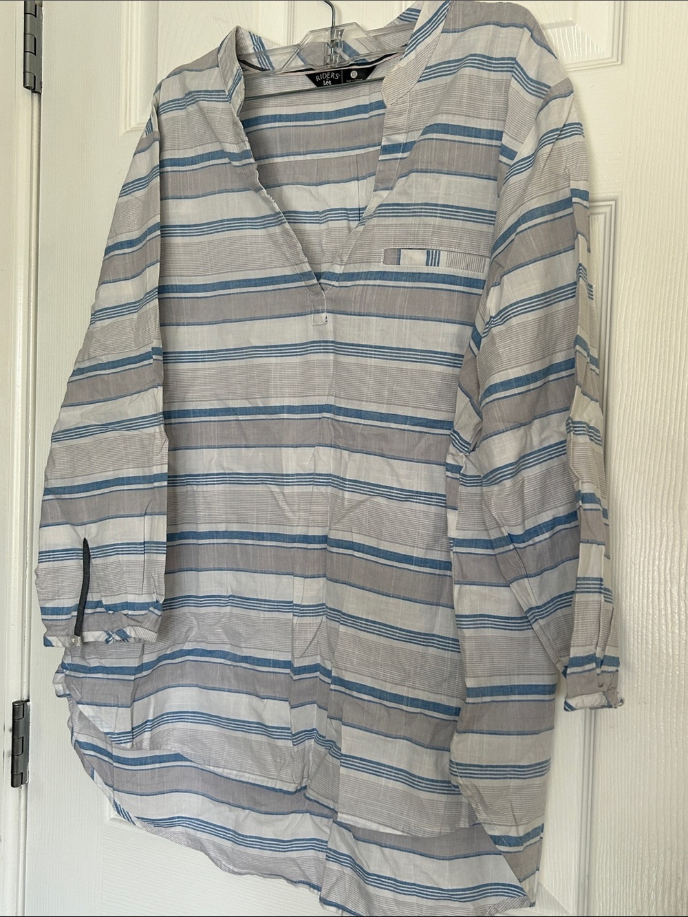 Women’s tunic Light Blue and White Striped Casual Shirt v-neckline long sleeves